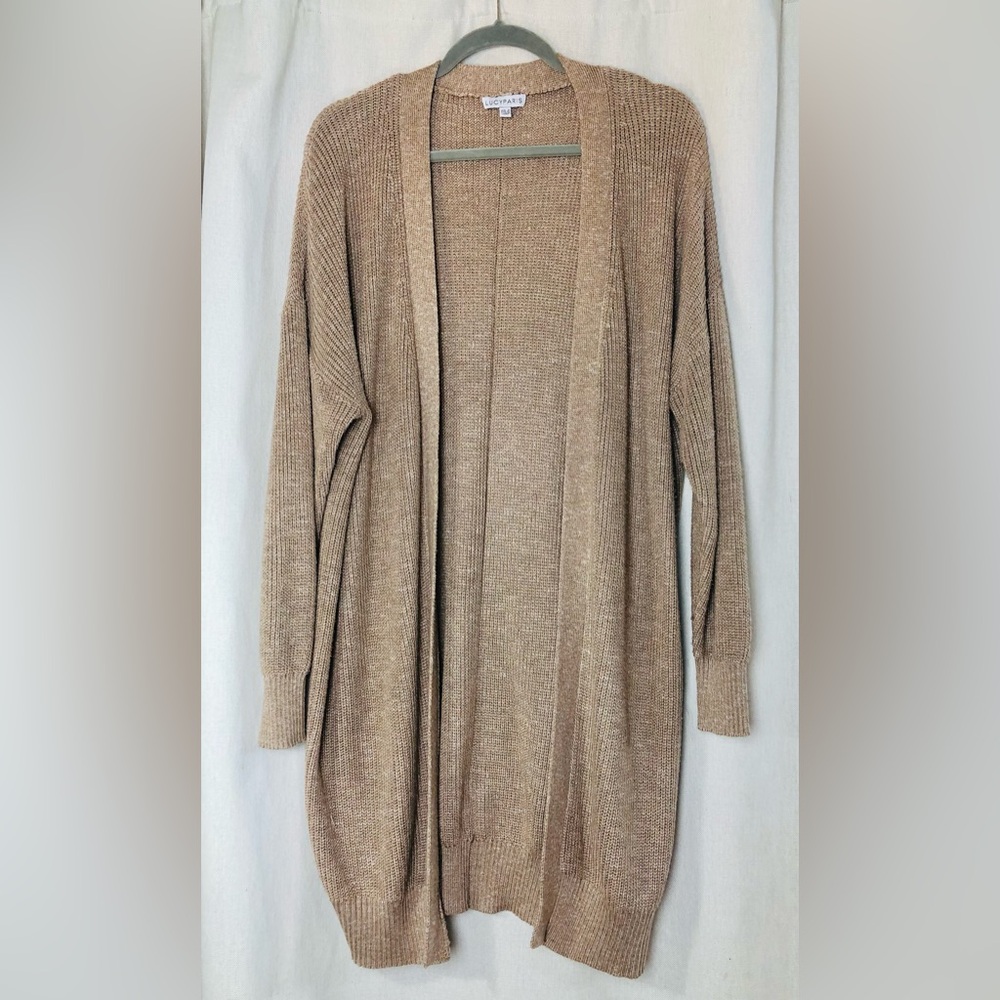 Lucy Paris Duster Cardigan Sweater Sm Taupe Gold Shimmer Longlne Open Front Knit